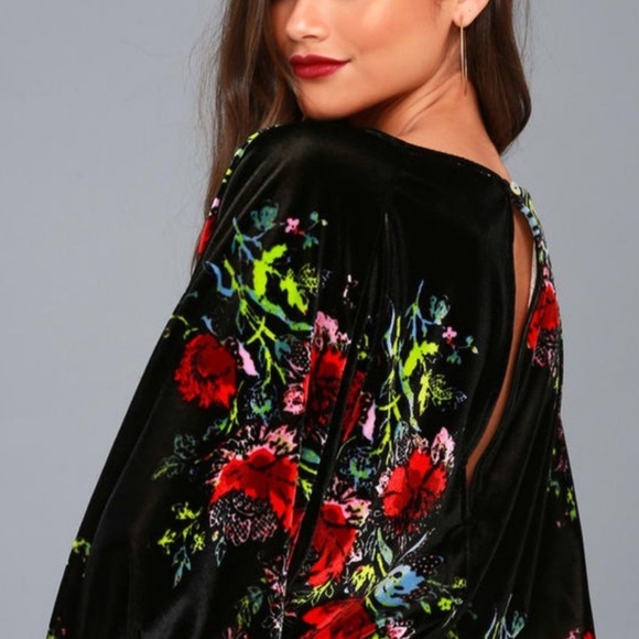 Free People Black Velvet Slouchy Floral Bodysuit Keyhole Amor Whimsigoth Large - Picture 5 of 11